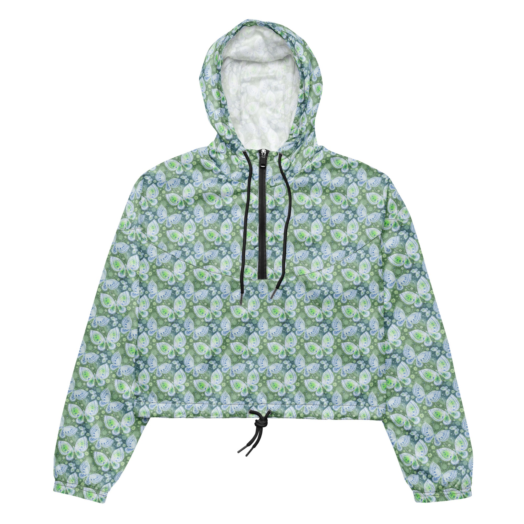 Green and Blue Butterfly Cropped Windbreaker