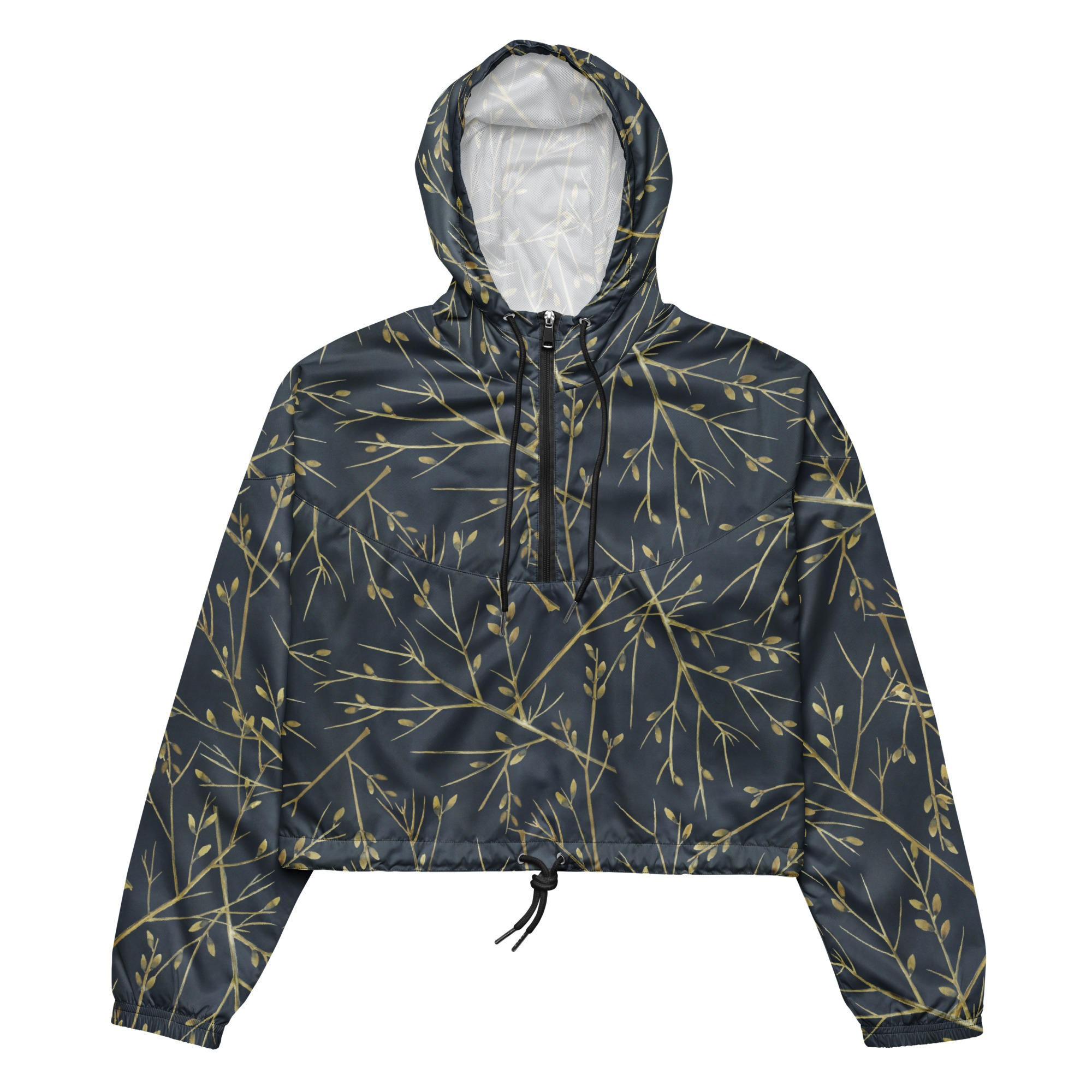 Stylish Gold Leaf and Branch Cropped Windbreaker